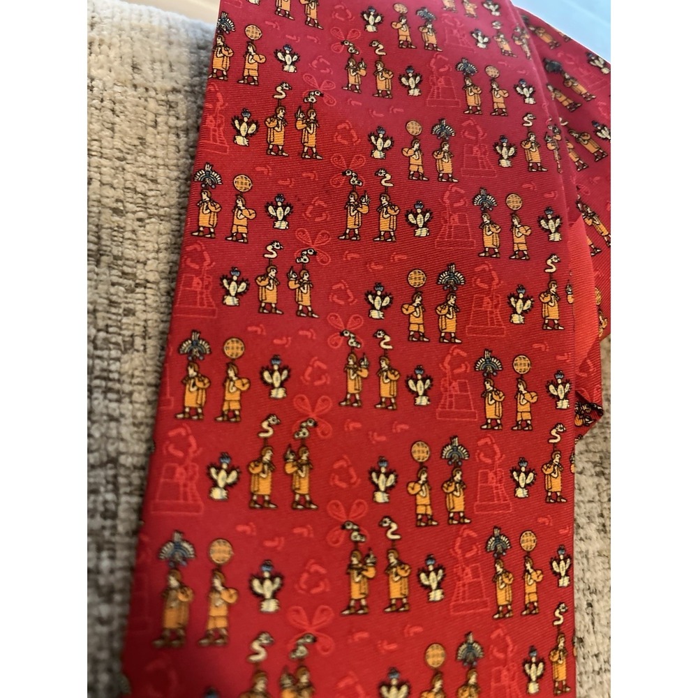Pineda Covalin Teomamaque 100% Silk Tie Red Mexican Aztec Mayan Art Mexico Red